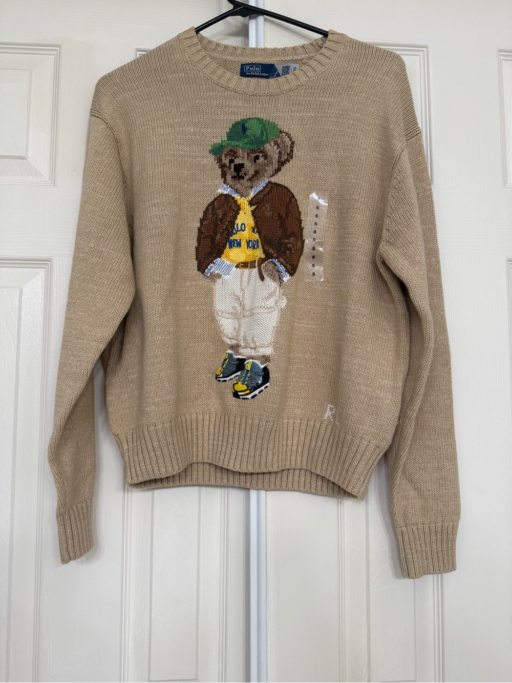 Ralph Lauren Beige Crewneck Bear Intarsia Sweater with Green Cap